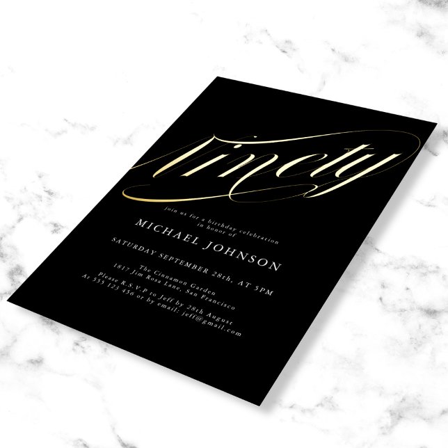 Modern Minimalist Ninety Black Gold 90th Birthday Foil Invitation (Mockup view)