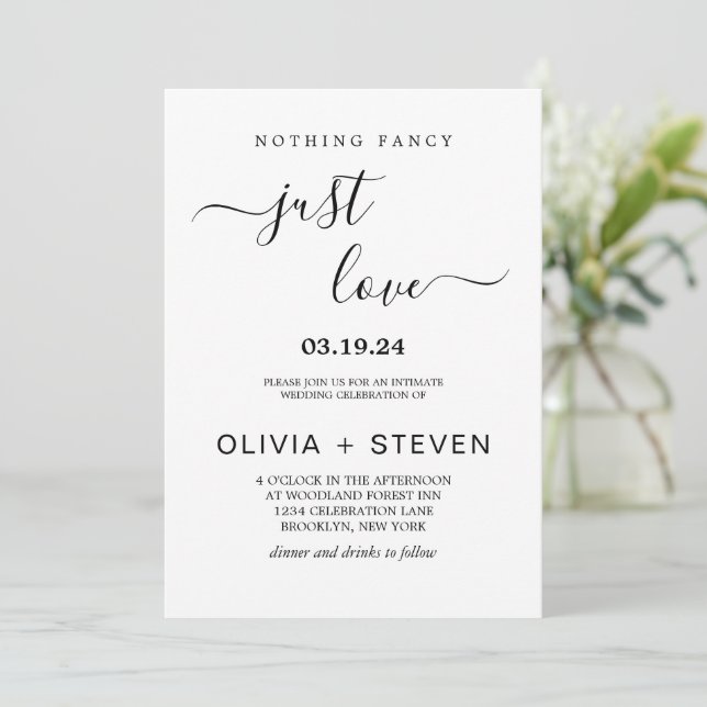 Modern Minimalist Nothing Fancy Just Love Wedding Invitation (Standing Front)