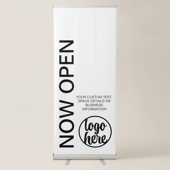 Modern Minimalist Now Open Small Business Retractable Banner (Front)