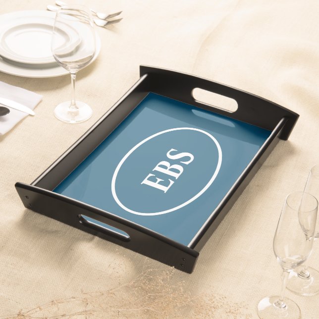 Modern minimalist Ocean Blue Custom monogram Serving Tray (Front)