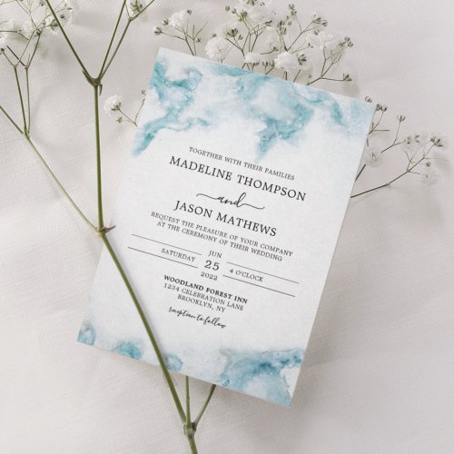 Modern Minimalist Ocean Blue Watercolor Wedding Invitation