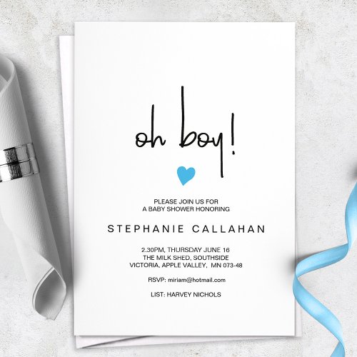 Modern Minimalist Oh Boy Blue Heart Baby Shower Invitation