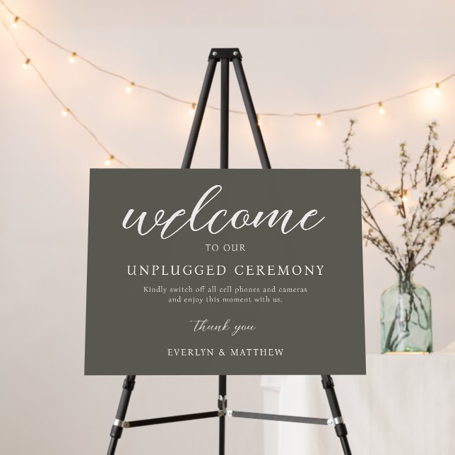 Modern Minimalist Olive Gray Wedding Welcome Sign (In Situ (Stand))