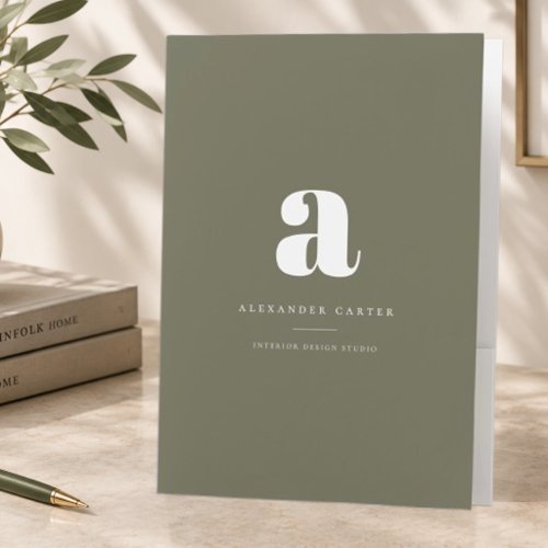 Modern Minimalist Olive Green Monogram Custom Pocket Folder