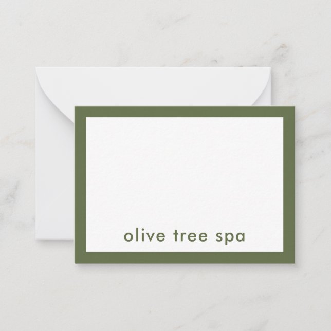 Modern Minimalist Olive Green Spa Name Note Card (Front)