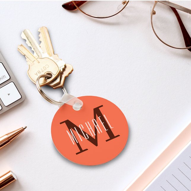 Modern Minimalist Orange Monogram Initial & Name Keychain (Creator Uploaded)