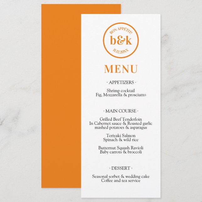 Modern Minimalist Orange Wedding MENU (Front/Back)