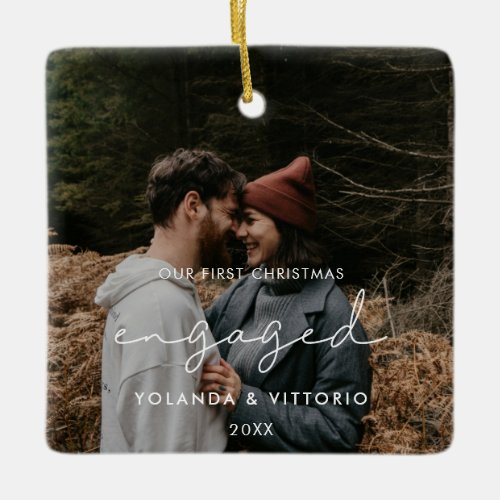 Modern minimalist Our First Christmas engaged Ceramic Ornament