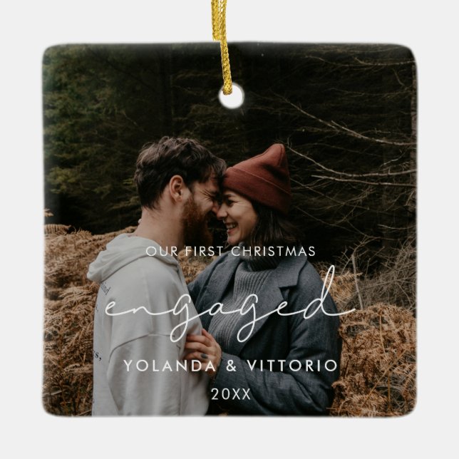 Modern minimalist Our First Christmas engaged Ceramic Ornament (Front)