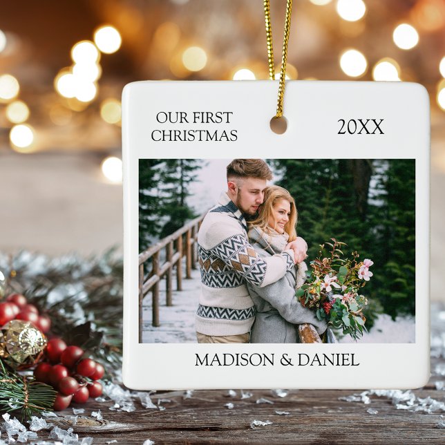 Modern Minimalist Our First Christmas Photo Ceramic Ornament (Photo on Front & Back)