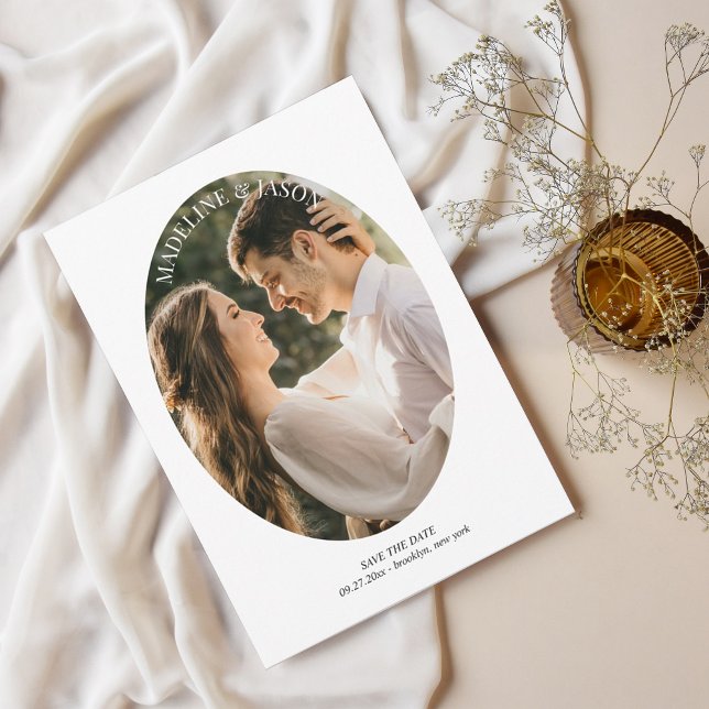 Modern Minimalist Oval Round Border Photo Wedding Save The Date (Creator Uploaded)