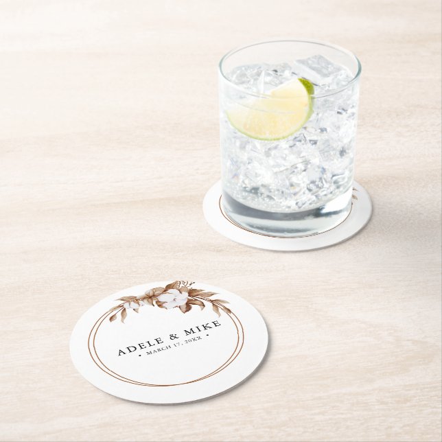 Modern Minimalist Pampas Grass Bouquet Wedding Round Paper Coaster (Insitu)