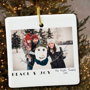 Modern Minimalist Peace & Joy Photo Ceramic Ornament