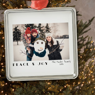 Modern Minimalist Peace & Joy Photo Metal Ornament