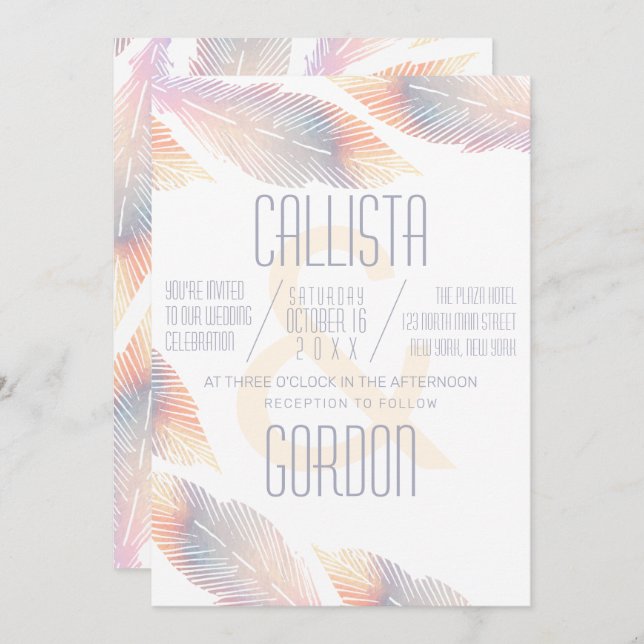 Modern Minimalist Peach Iridescent Feather Wedding Invitation (Front/Back)