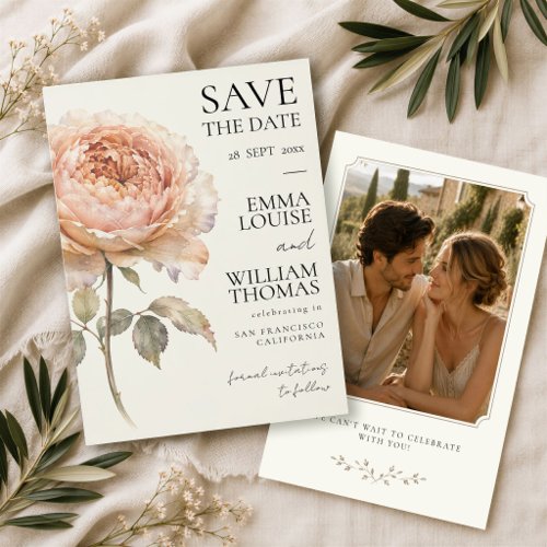Modern Minimalist Peach Peony Elegant Photo Save The Date