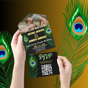 Modern Minimalist Peacock Feather Photo Wedding All In One Invitation