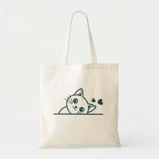 Modern Minimalist Peeking Cat Happiness Is Coming Tote Bag (Front)