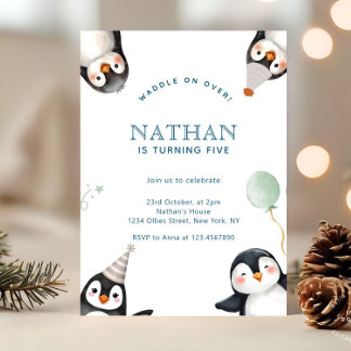 Modern Minimalist Penguin Winter Birthday Party Invitation