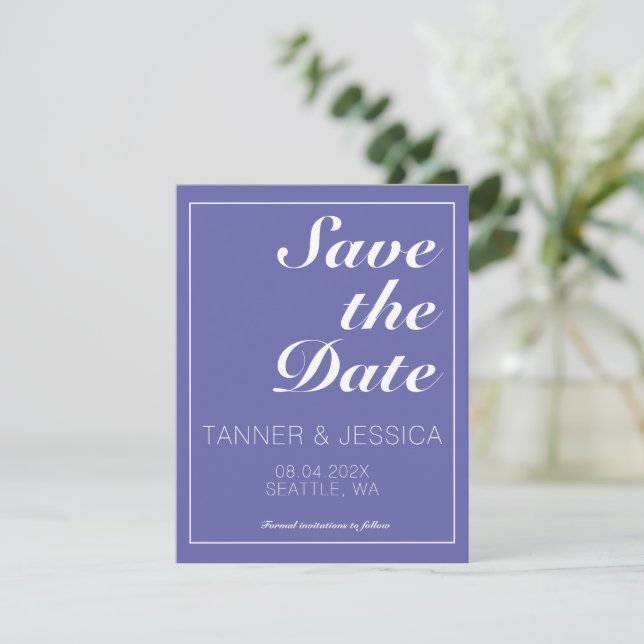Modern Minimalist Periwinkle & White Save The Date (Standing Front)