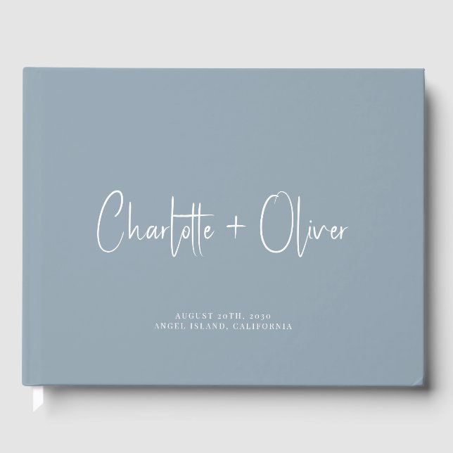 Modern Minimalist Personalized Dusty Blue Wedding Guest Book (Front)