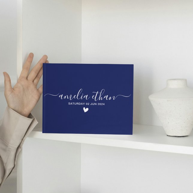 Modern Minimalist Personalized weddings navy linen Guest Book (Modern Minimalist Personalized weddings navy linen blue simple elegant script trendy chic calligraph)