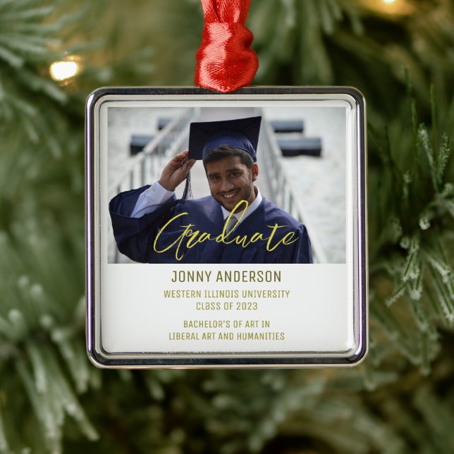 Modern Minimalist Photo and Script Metal Ornament (Tree)