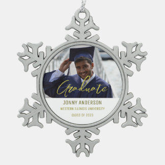 Modern Minimalist Photo and Script Snowflake Pewter Christmas Ornament