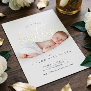 Modern Minimalist Photo Baptism Gold Script Foil Invitation