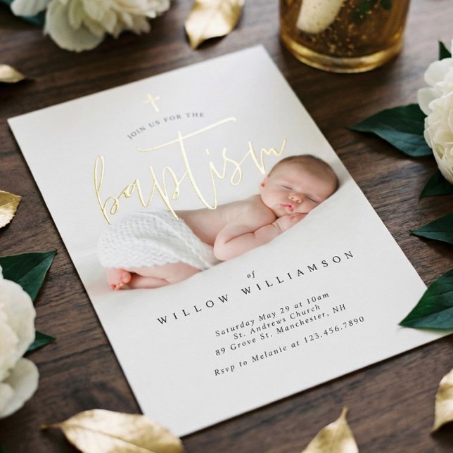 Modern Minimalist Photo Baptism Gold Script Foil Invitation (Modern Minimalist Photo Baptism Gold Script Foil Invitation)