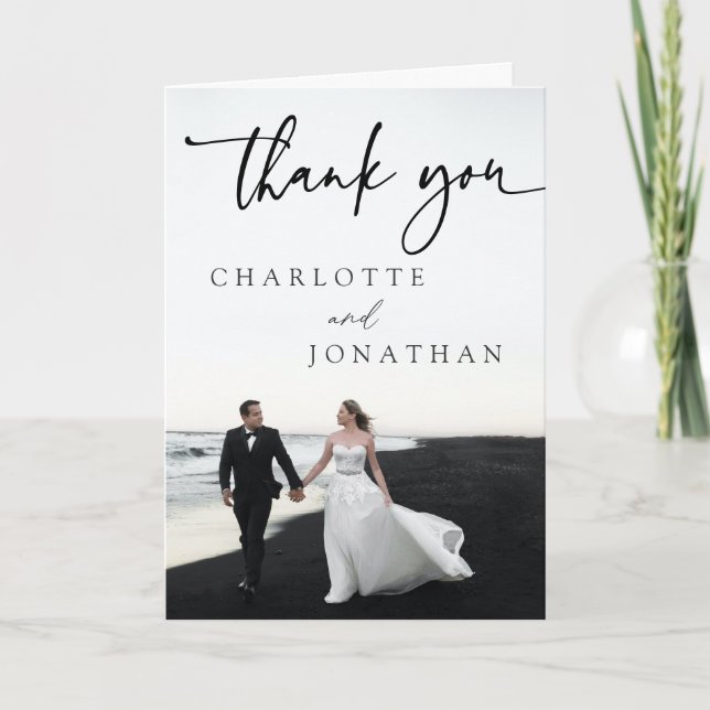 Modern Minimalist Photo Black Wedding Thank You Card (Front)