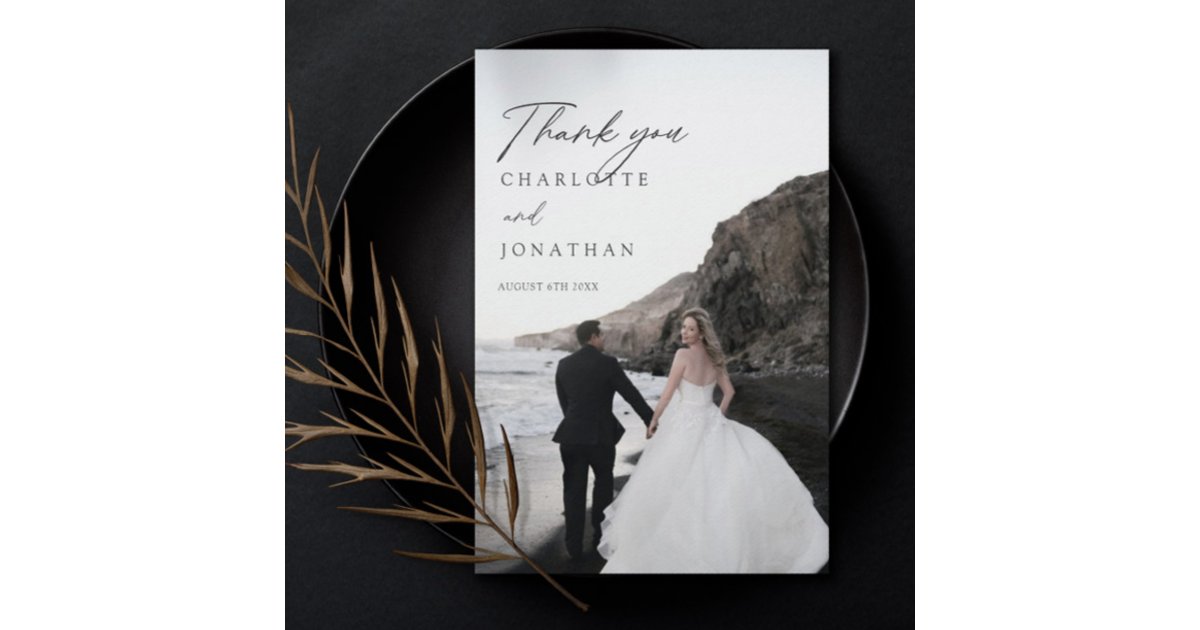 Modern Minimalist Photo Black Wedding Thank You Card | Zazzle