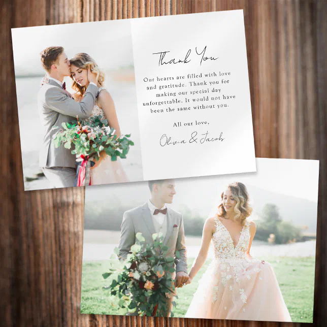 Modern Minimalist Photo Calligraphy Wedding Thank You Card | Zazzle