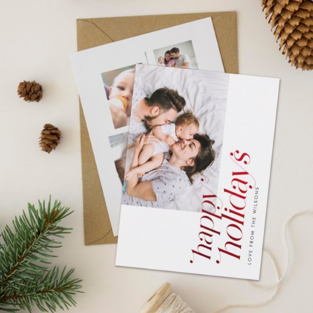 Modern Minimalist Photo Collage Stylish Red Foil Holiday Card (Creator Uploaded)