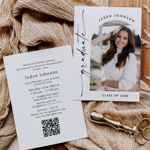 Modern Minimalist PHOTO Graduation Party QR code Invitation