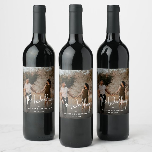 Modern Minimalist Photo Handwriting Script Wedding Wine Label (Bottles)