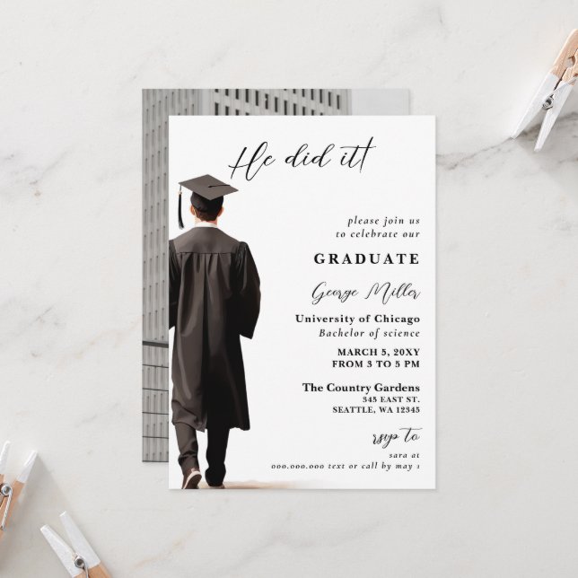 Modern Minimalist Photo he Did It Graduation Invitation (Front/Back In Situ)