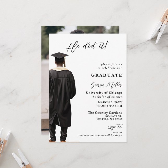 Modern Minimalist Photo he Did It Graduation Invitation (Front/Back In Situ)
