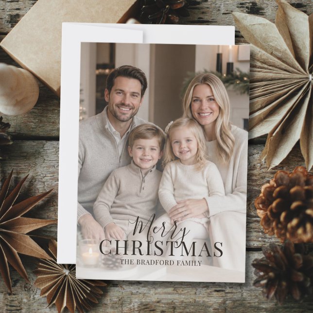Modern Minimalist Photo Holiday Christmas Card (modern minimalist family photo card with personal note and photo on back on boho holiday scene)
