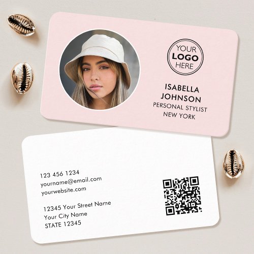 Modern Minimalist Photo Logo QR Code Blush Pink Business Card