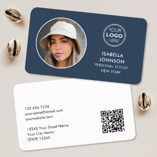 Modern Minimalist Photo Logo QR Code Slate Blue Business Card