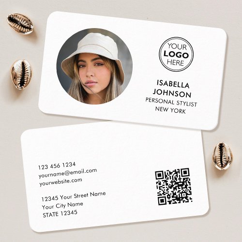 Modern Minimalist Photo Logo QR Code White Business Card