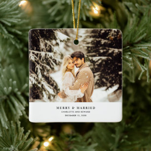 Modern Minimalist Photo Merry & Married  Ceramic Ornament