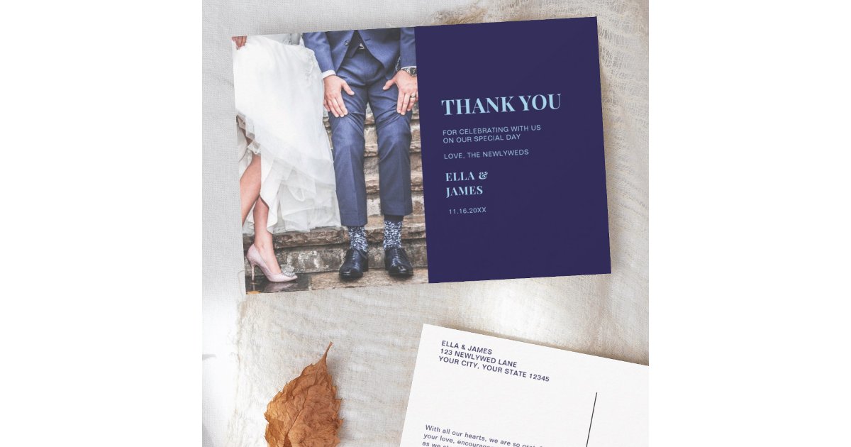 Modern Minimalist Photo Navy Blue Wedding Thank You Card | Zazzle