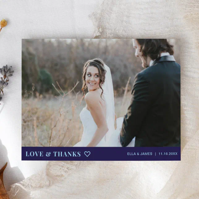 Modern Minimalist Photo Navy Blue Wedding Thank You Card | Zazzle