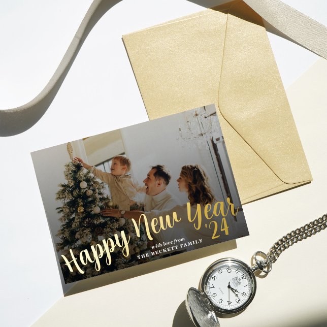 Modern Minimalist Photo New Year Real Foil Holiday Card (Creator Uploaded)