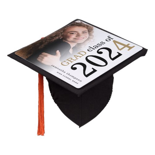 Modern Minimalist Photo Overlay Black Gold 2024 Graduation Cap Topper