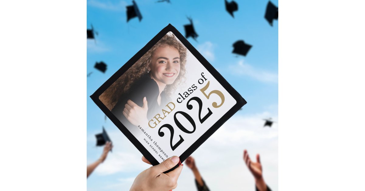 Modern Minimalist Photo Overlay Black Gold 2025 Graduation Cap Topper ...