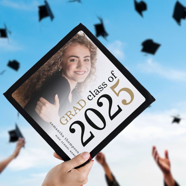 Modern Minimalist Photo Overlay Black Gold 2025 Graduation Cap Topper (Creator Uploaded)