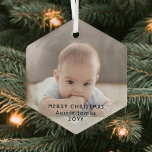 Modern Minimalist Photo Overlay Black Text Hexagon Glass Ornament<br><div class="desc">Celebrate the simple joys of the holidays with a custom photo hexagon-shaped glass ornament. Picture and all text on this template are easy to customize to include any wording, such as Merry Christmas, My First Xmas, Best Friends, kids & family names, etc. (IMAGE PLACEMENT TIP: An easy way to center...</div>